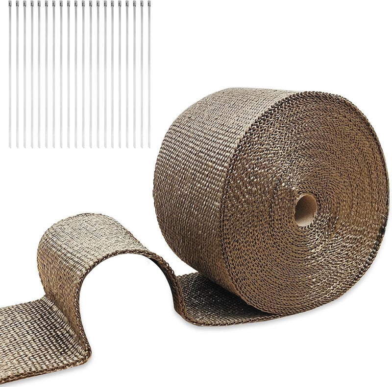 AggSound 4" x 50' Exhaust Heat Wrap Titanium Pliable Lava Muffler Roll Pipes, 10cmx15m Basalt Separated by Tropical Zone, Shield Tape with 20 Stainless Locking Ties - Image 1